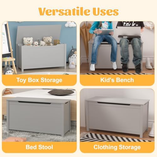 Kids Toy Box Chest, Large Wooden Storage Trunk Bench with Safety Hinged Lid for Ages 3+, Grey - Image 6