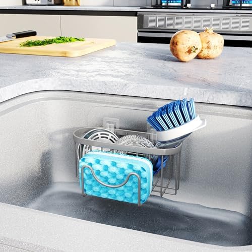 HapiRm Sponge Holder for Kitchen Sink - Sink Caddy with Unique M-Shaped, 2 Installation Methods Kitchen Organizer, Rustproof Stainless Steel Sponge Caddy - Grey - Image 6
