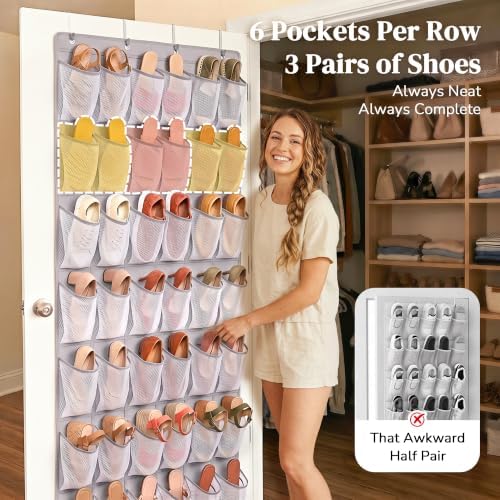 48 Pockets Over the Door Shoe Organizer, Mesh Hanging Shoe Rack for Women, 6-Column Heavy Duty Shoe Storage for Sneakers & Heels, Behind Door Holder for Entryway Bedroom Dorm College, Gray - Image 4
