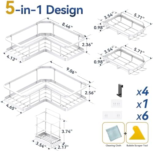 YASONIC Corner Shower Caddy Adhesive, 100% Rustproof Shower Organizer with Soap and Troothbrush Holder, No Drill Shower Shelf for Inside Shower, Wall-Mounted Shower Storage for Homes (5 Pack, White) - Image 2