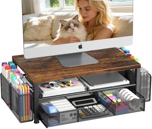 OPNICE Desk Organizers and Accessories, Computer Monitor Stand Riser with Drawer and 2 Pen Holders, Printer & Laptop Stand, Office Desk Accessories & Workspace Organizers for Home Office Supplies, Wood Brown by OPNICE