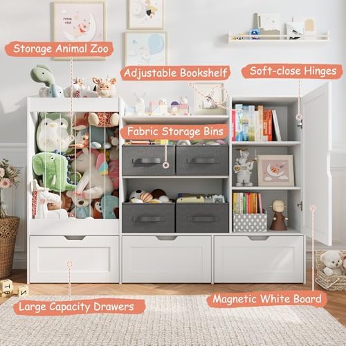 61" W Kids Toy Storage Organizer with Stuffed Animal Storage, 3 Movable Storage Drawers, 4 Removable Storage Bins, Wooden Bookshelf with Magnetic Drawing Board for Kids Room & Playroom, White - Image 3