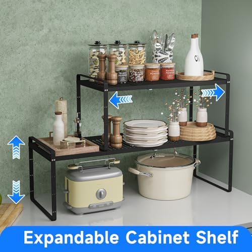 Expandable Kitchen Shelf Organizers, Kitchen Cabinet Organizer Stand Rack Organization for Countertop Office Desktop Spice Rack, Black 2 Pack - Image 3