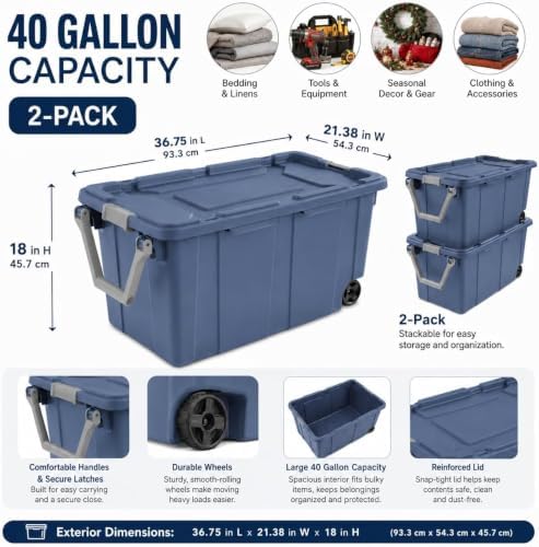 2-Pack 40 Gal Wheeled Storage Bins, Latching Lid & Pull Handle, Blue - Image 3