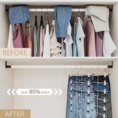 Pants Hangers with Clips,Space Saving Hanging Closet Organizer-6 Tiers Skirt Hangers with 360° Swivel Hook,Closet Organizer-Clothes Hangers- College Dorm Essentials Apartment Essentials- 4 Pack - Image 2