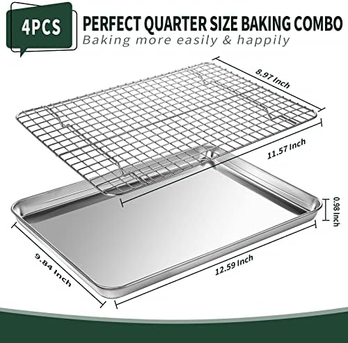 Quarter Sheet Pan with Cooling Rack Set [2 Baking Sheets + 2 Baking Racks], CEKEE Stainless Steel Cookie Sheets for Baking and Wire Rack - Rust & Warp Resistant & Nonstick, Size 12 x 9.8 x 1 Inch - Image 2