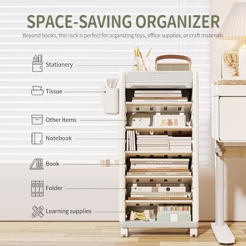 UNICOO® 7 Tier Book Cart | Mobile Bookshelf, Rolling Storage Cart & Mobile Organizer, Lightweight Book Carts with Wheels and Tiered Cart w/Shelving for Home, Office, & Classroom (Gray) - Image 4