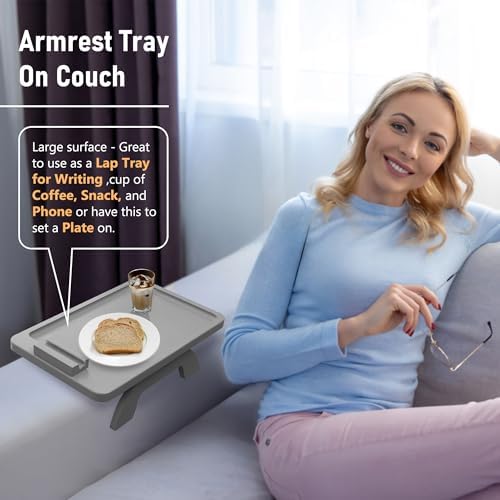 SINWANT Couch Armrest Table with 360° Rotated Phone Holder,Gray Bamboo - Image 2