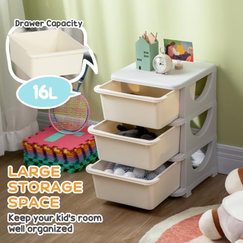 Qaba 3 Drawers Kids Storage Unit 3 Tier Toy Organizers Cream White - Image 4