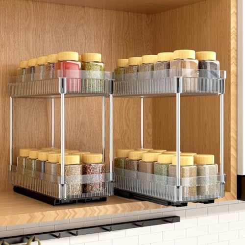 DABIGE 2 Pack Pull Out Spice Rack Organizer for Cabinet, 2 Tier Slide Out Spice Racks Organizer, Spice Cabinet Organizers, Cabinet Size Need:12'' High x 11'' Deep x 5'' Wide, Clear Acrylic by DABIGE