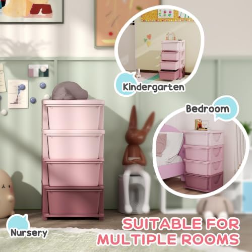 Qaba 4 Drawers Kids Storage Unit 4 Tier Toy Organizers Pink - Image 5