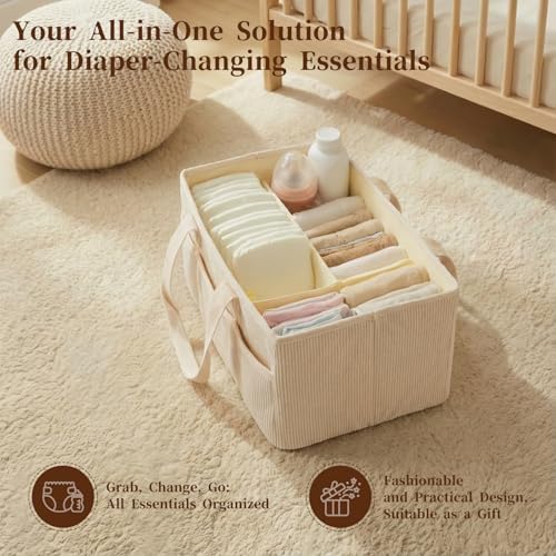 Corduroy Baby Diaper Caddy Organizer with Lid, Gift Basket for Baby Shower - Image 3