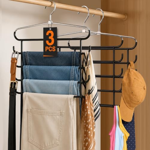 HEYHOUSE 3 Pack Heavy Duty 5-Tier Metal Pants Hangers Space Saving - Image 2