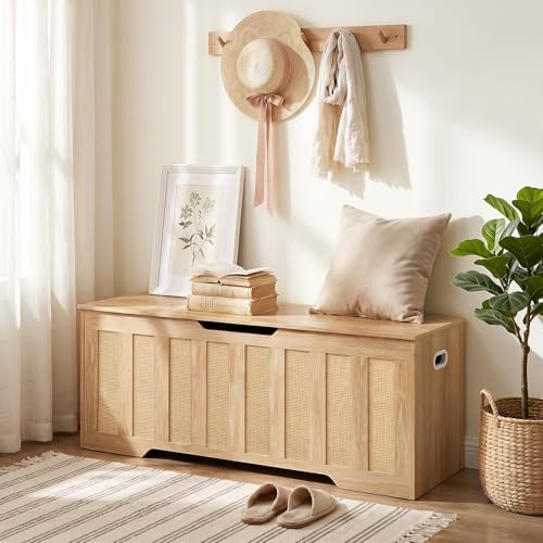 CHOEZON 47.2" Storage Bench, Rattan-Style Storage Chest, Storage Cabinet with Handles, Toy Storage Box, for Living Room and Bedroom, Natural MCW24NL - Image 3