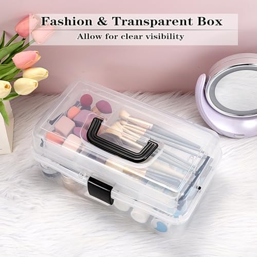 BTSKY 3-Layer Clear Plastic Dividing Storage Box Craft Organizer and Storage with Adjustable Spacers Portable Handled Art Supply Organizer Multipurpose Home Utility Box Sewing Organizers(Clear+Black) - Image 2
