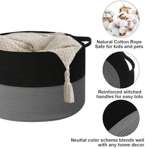 115L Large Blanket Basket,Woven Rope Laundry Basket-Black&Dark Grey - Image 3