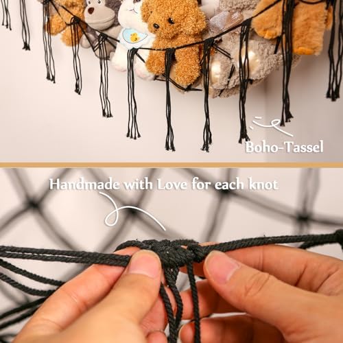 YKBU Stuffed Animals Hammock Corner Hanging Net Macrame Stuffed Animal Storage Plush Toy Holder Toy Organizer for Boho Nursery Playroom Bedroom Kids Room (black, Large) - Image 5