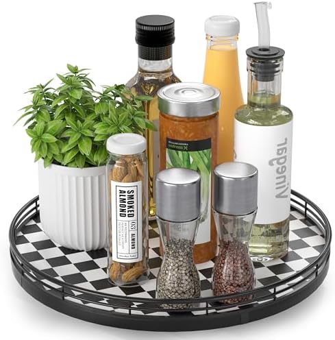 AMH 12 Inch Black and White Checkerboard Lazy Susan with Oak Wood Base by AMH