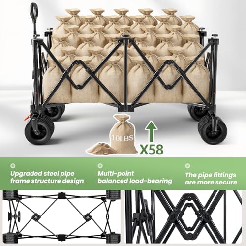 Beach Wagon Carts Foldable 580LBS Collapsible Wagon with Big All-Terrain Wheels for Sand 340L Heavy Duty Utility Carts with Cup Holders for Garden, Camping, Grocery, Black - Image 7