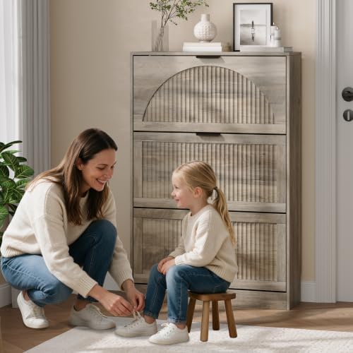Fluted Shoe Storage Cabinet for Entryway, 3 Flip Drawers, Grey - Image 6