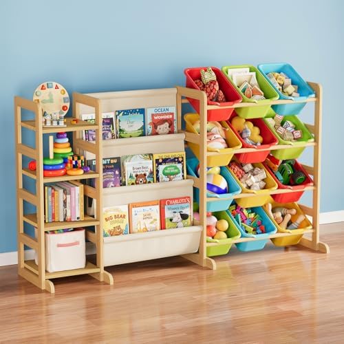 SpaceAid 3-in-1 Toy Storage Organizer with 4 Shelves and 12 Bins, Toy Organizers Storage 3-Tier Bookshelf, Kids Bin Shelf Box Bookcase for Bedroom Playroom Organization Room Decor, Multi-Colored by SpaceAid