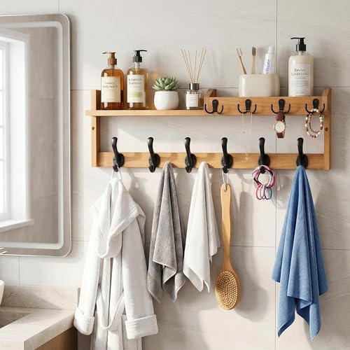 27.5" Wall Mount Coat Rack with Shelf, Key Holder & Mail Organizer, Brown - Image 5