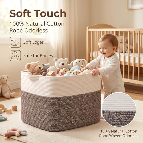 OIASKET 108L Cotton Rope Storage Basket for Living Room and Bedroom 25"x16"x16" Woven Laundry Basket, Heavy Duty Bin for Blankets, Pillows & Toys, Pet-Safe & Scratch-Free, Dark Brown and White - Image 4