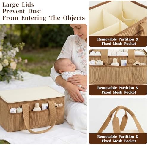 Baby Diaper Caddy Organizer with Portable Changing Mat-Portable Baby Organizers and Storage, Gift for Baby Shower, Corduroy Baby Essentials Organizer with Removable Dividers (Brown) - Image 7