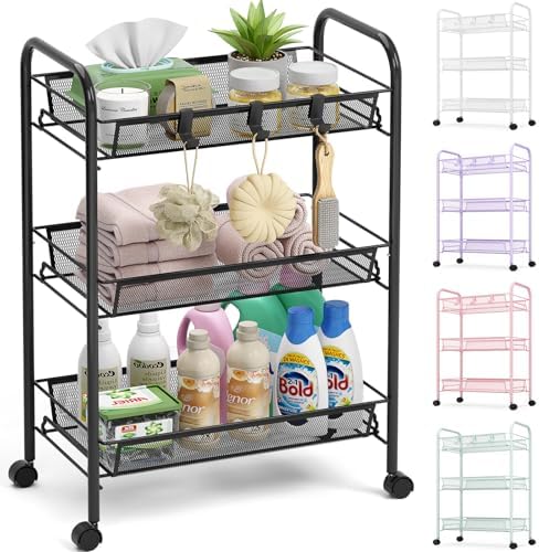 TOOLF 3 Tier Rolling Cart, Metal Utility Storage Cart with Wheels, Black by TOOLF