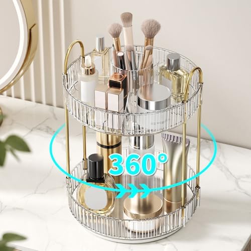 360° Rotating Makeup Organizer, Large-Capacity Skincare Make Up Storage 2 Tier Perfume Organizers Cosmetic Dresser Organizer with Makeup Brush Holder, Fits Bedroom, Bathroom, Vanity Shelf Countertop - Image 5
