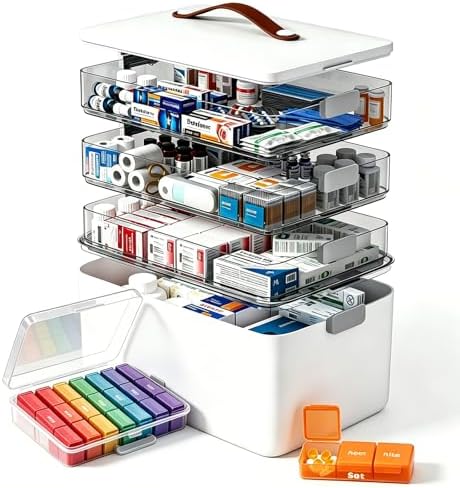 MOPUP 4-Tier Medicine Craft,Sewing,Art,Organizer Storage,Portable Latch Bin with Lid and Leather Handle,Pill Bottle, First Aid,Comes with a 7-Day Pill Organizer,A Household Essential by MOPUP