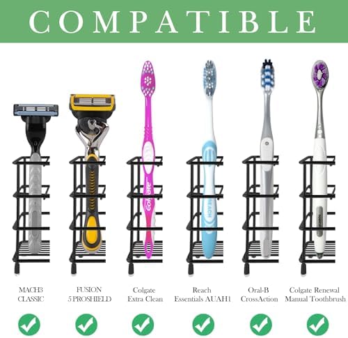 Linkidea Toothbrush Holder for Shower, Stainless Steel Brush Stand, Countertop/Wall Mount 3 Slots Organizer Compatible with Colgate Extra Clean, Oral-B CrossAction Manual Toothbrush (Black) - Image 2