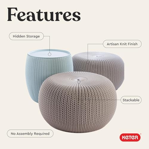 Keter Urban Knit Pouf Ottoman Set of 2 with Storage Table for Patio and Room Décor - Perfect for Balcony, Deck, and Outdoor Seating, Misty Blue & Taupe - Image 5