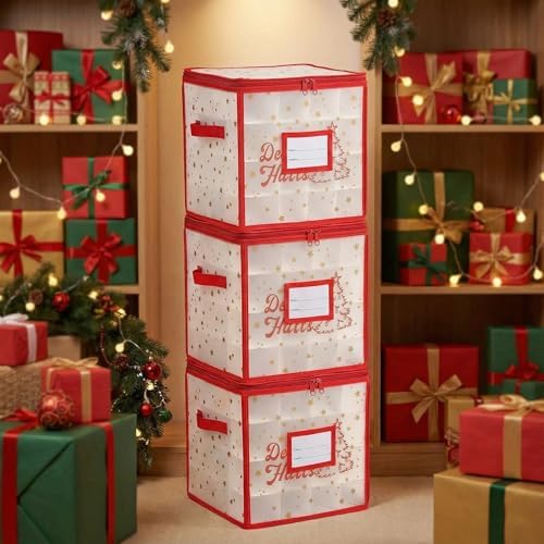 2-Pack Christmas Ornament Organizer Box with Adjustable Dividers for 64 Balls - Frosted Holiday Decor Storage Container, Space-Saving Plastic Christmas Ornaments Protection - Image 5