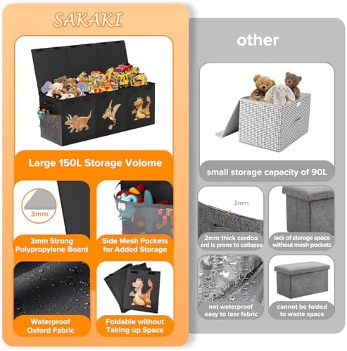 Extra Large Toy Box Chest, Collapsible Sturdy Toy Storage Organizer Boxes Bins Baskets Dinosaur Kids Toy Chest Bin with Lids for Boys Girls Living Room Playroom Bedroom Nursery 41"x14"x16" Black - Image 4