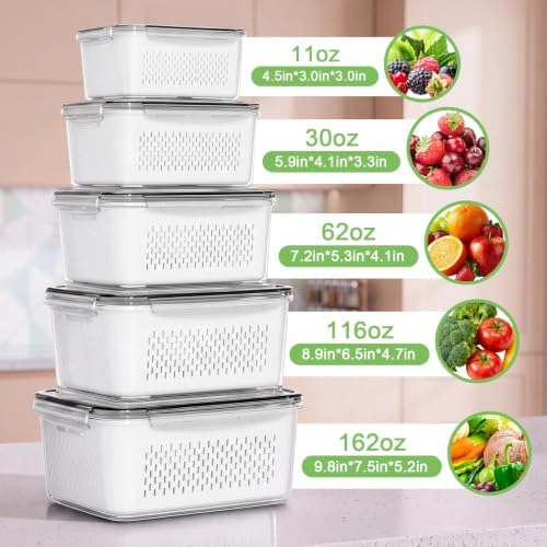 5pcs 4 in 1 Fruit Storage Containers for Fridge with Removable Colanders - Image 2