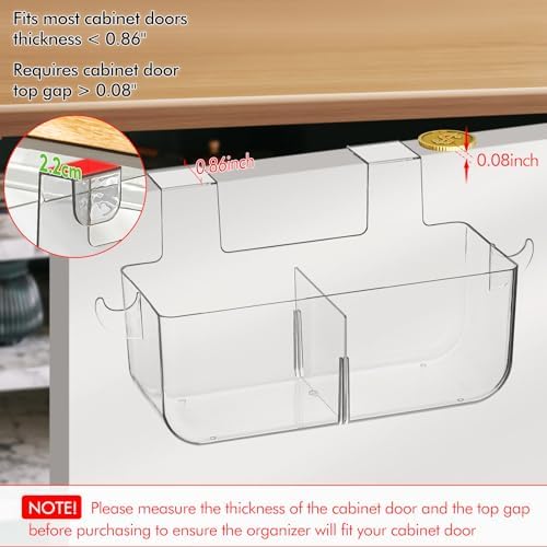 Poeland 2 Pack Over Cabinet Door Organizer, Plastic Storage Bin with 2 Hooks, Over Cabinet Holder for Kitchen, Pantry, Bathroom, Inside or Outside Door (Transparent) - Image 4