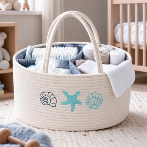 Sea Embroidered Baby Diaper Caddy Organizer, Cotton Woven Rope, Portable Nursery Storage Basket with Changeable Compartments by BBSET