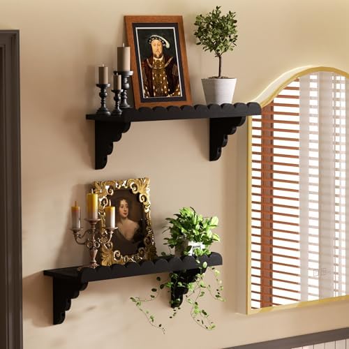 QsQueen Scalloped Wood Wall Shelf – 17 Inch Floating Shelf with Wood Brackets, Easy to Install Rustic Wall Shelf for Living Room, Bedroom, Bathroom, or Any Space, Black Shelves - Image 2