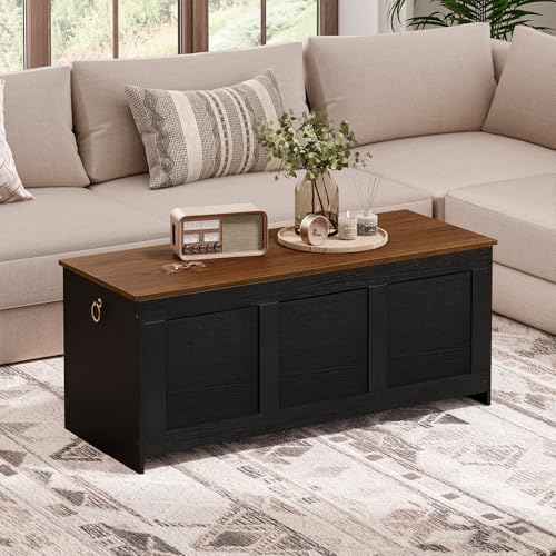 HOOBRO 47.2" Large Storage Bench, Retro Storage Chest with Safety Hinge, Wooden Storage Trunk, Toy Chest with Lift Top for Bedroom, Living Room, Entryway, Black and Walnut BH412CW01 - Image 2