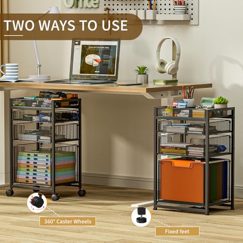 Rolling File Cart with 3 Storage Drawers, Under Desk Filing Cabinet with DIY Divider, Hanging File Folder Organizer on Wheels, Fits A4/Letter Size, Metal Utility Cart for Home Office, Black - Image 4