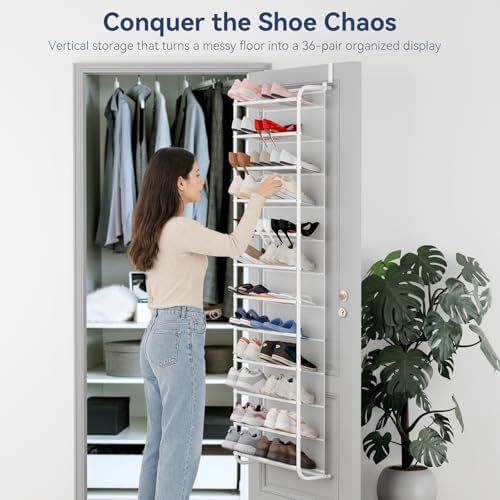 Whitmor 36 Pair Over The Door Shoe Organizer, 12 Tier Hanging Shoe Organizer with Metal Frame & Mesh Shelves, Hanging Shoe Rack for Closet Organizer & Storage, 21.7" W x 7.5" D x 74" L, Matt White - Image 3