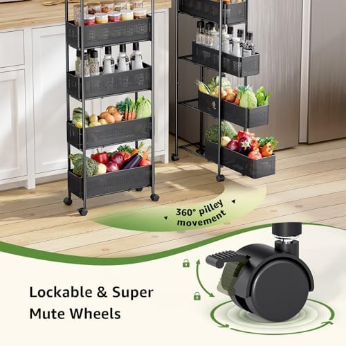 KINGRACK 5 Tier Slim Rolling Cart with Drawer, Metal Utility Storage Cart - Image 4