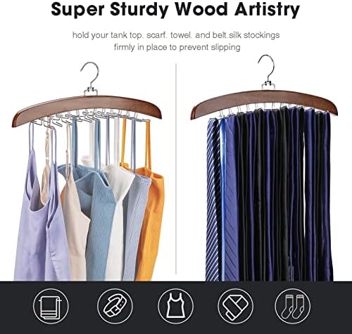 Tie Rack 2Pcs Tie Racks for Men Closet 24 Hooks, Wooden Tie Organizer with Upgraded 360°Rotating, Scarves Accessories Closet Organizer for Bras,Tank Tops,Camisoles etc.Walnut… - Image 4