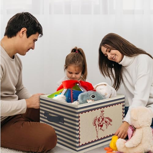 Western Cowboy Nursery Foldable Storage Bins Box with Handles, Retro Blue Striped Western Collapsible Toys Books Clothes Organizer Basket for Kids Boy Nursery Room Bedroom Bathroom Playroom - Image 4