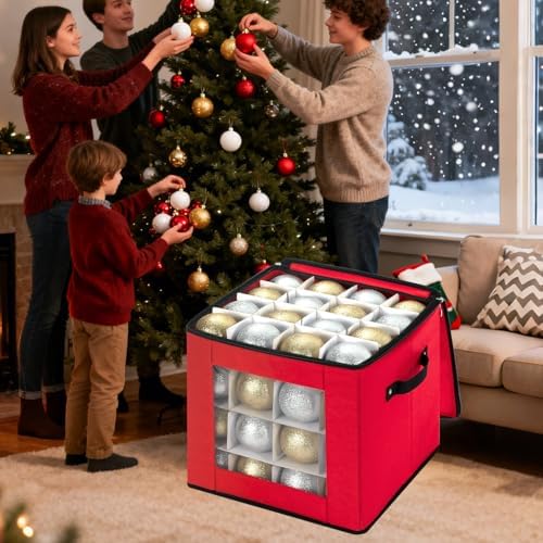 Christmas Visible Ornament Storage Box with Adjustable Dividers,Christmas Ornaments Organizer with Zipper, Storage Container Bin for Decorations(64 Ball, Red, without Tray) - Image 3