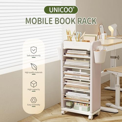 UNICOO 7-Tier Rolling Book Cart with Wheels, Mobile Bookshelf - Image 3