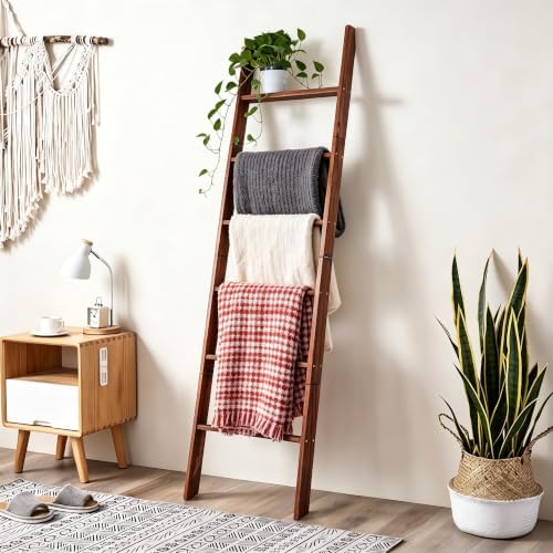 Blanket Ladder for Living Room and Bedroom,6-Tier Decorative Display Ladder Shelf,Ladder Rack for Storage and Decor,Wall Leaning Farmhouse Blanket Storage,Towel Rack, Bathroom,Brown by Unknown