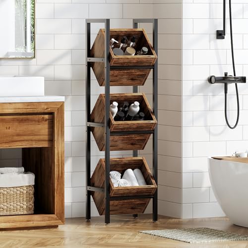 LITTLE TREE 3-Tier Basket Stand, Wooden Floor Stand Shelving Unit, Standing Organizer Storage Rack for Kitchen, Bathroom, Living Room (Rustic Brown, 2) - Image 6