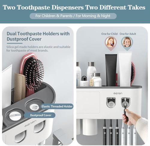 Toothbrush Holders Wall Mounted, Toothbrush Holder with Automatic Toothpaste Dispensers, 6 Brush Slots, 3 Magnetic Cups,1 Cosmetic Drawer Organizer and 1 Large Storage Tray - Image 4